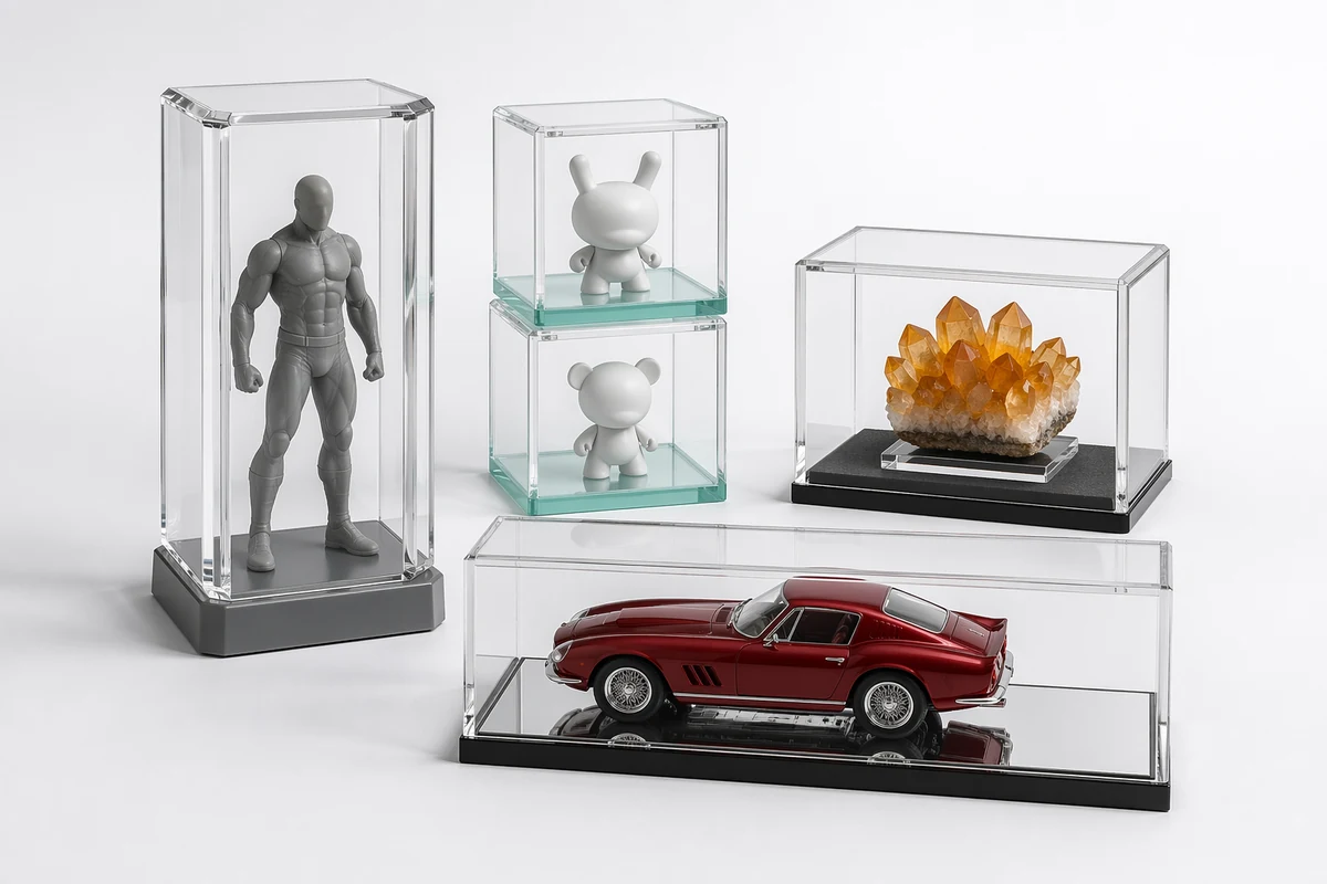 Custom acrylic collectible display cases for figurines, model cars, and memorabilia with diamond-polished mitered joints