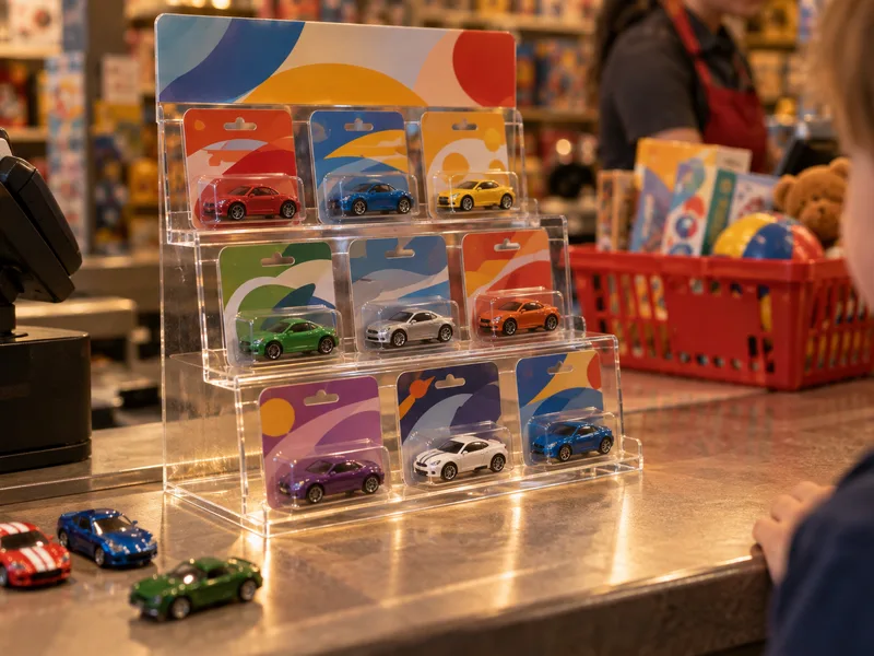 Clear acrylic stepped counter display with a printed header holding rows of blister-carded toy cars at a store checkout
