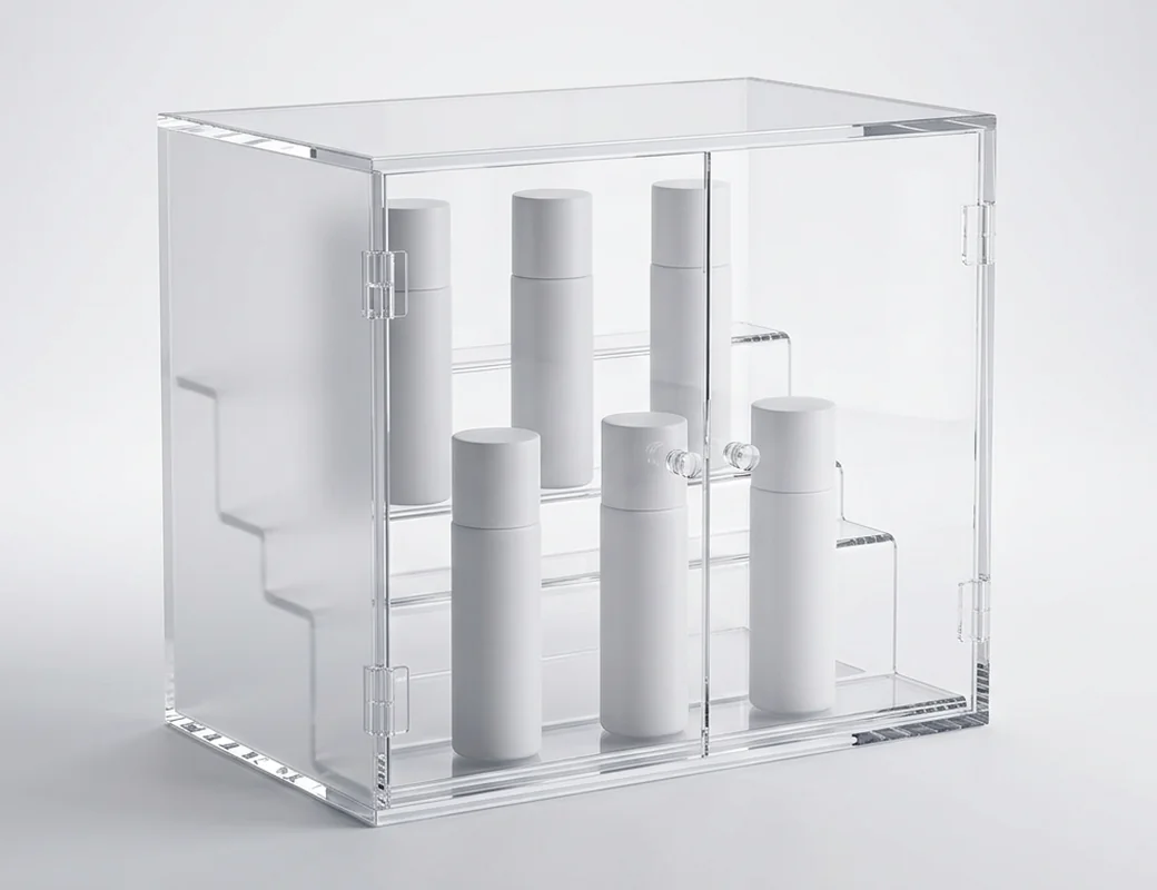 Acrylic cosmetics display cases with branding