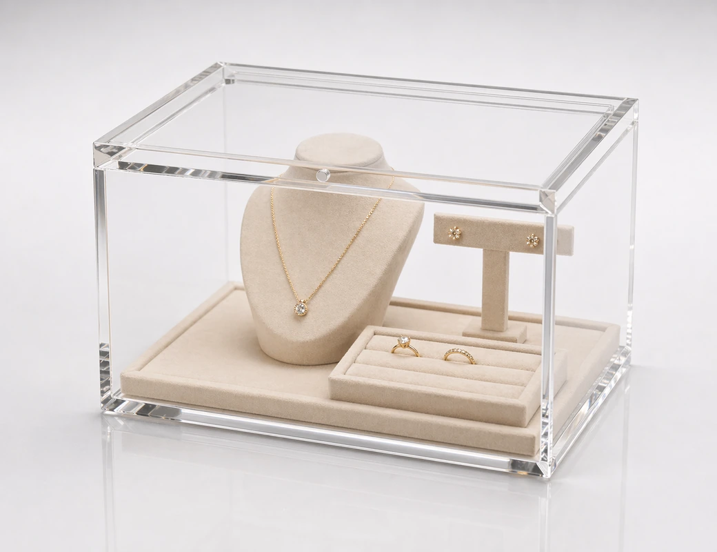 Acrylic jewelry display cases with mitered joints