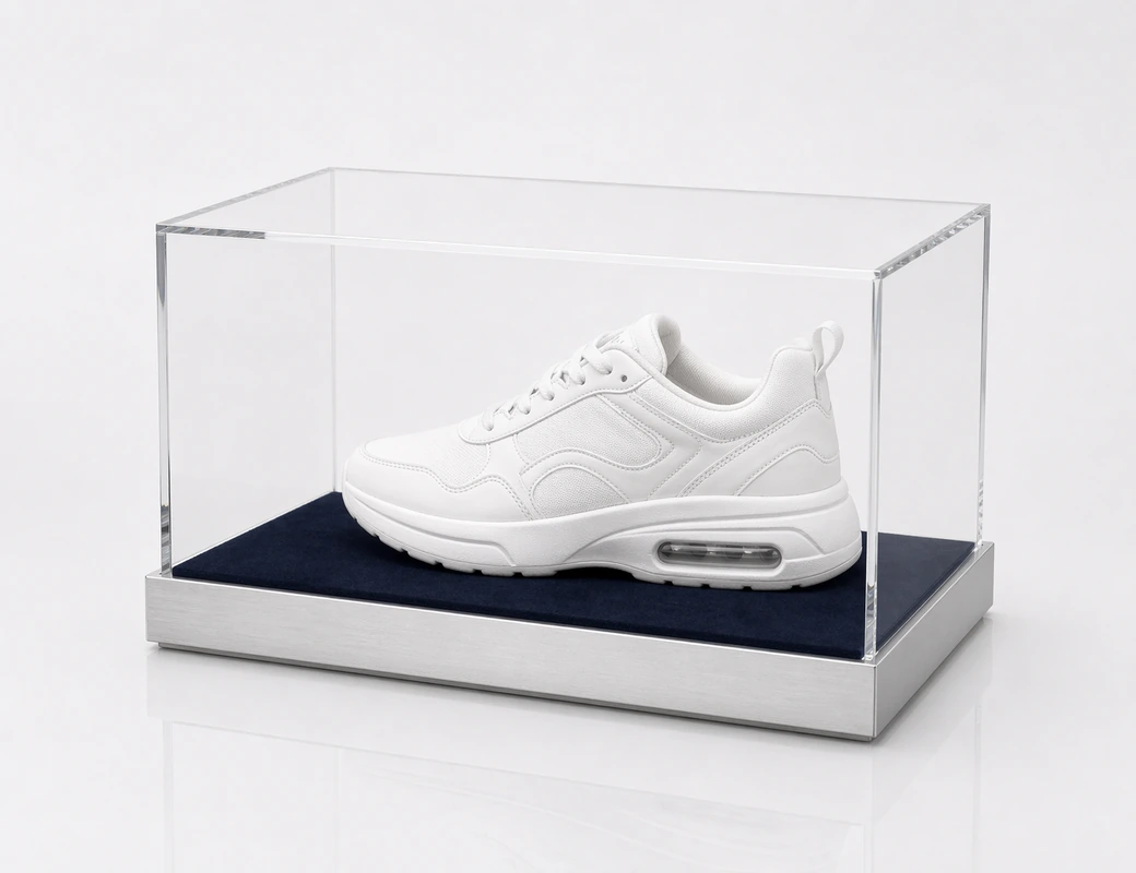 Luxury acrylic shoe display case with a brushed silver base, navy insert, and white sneaker