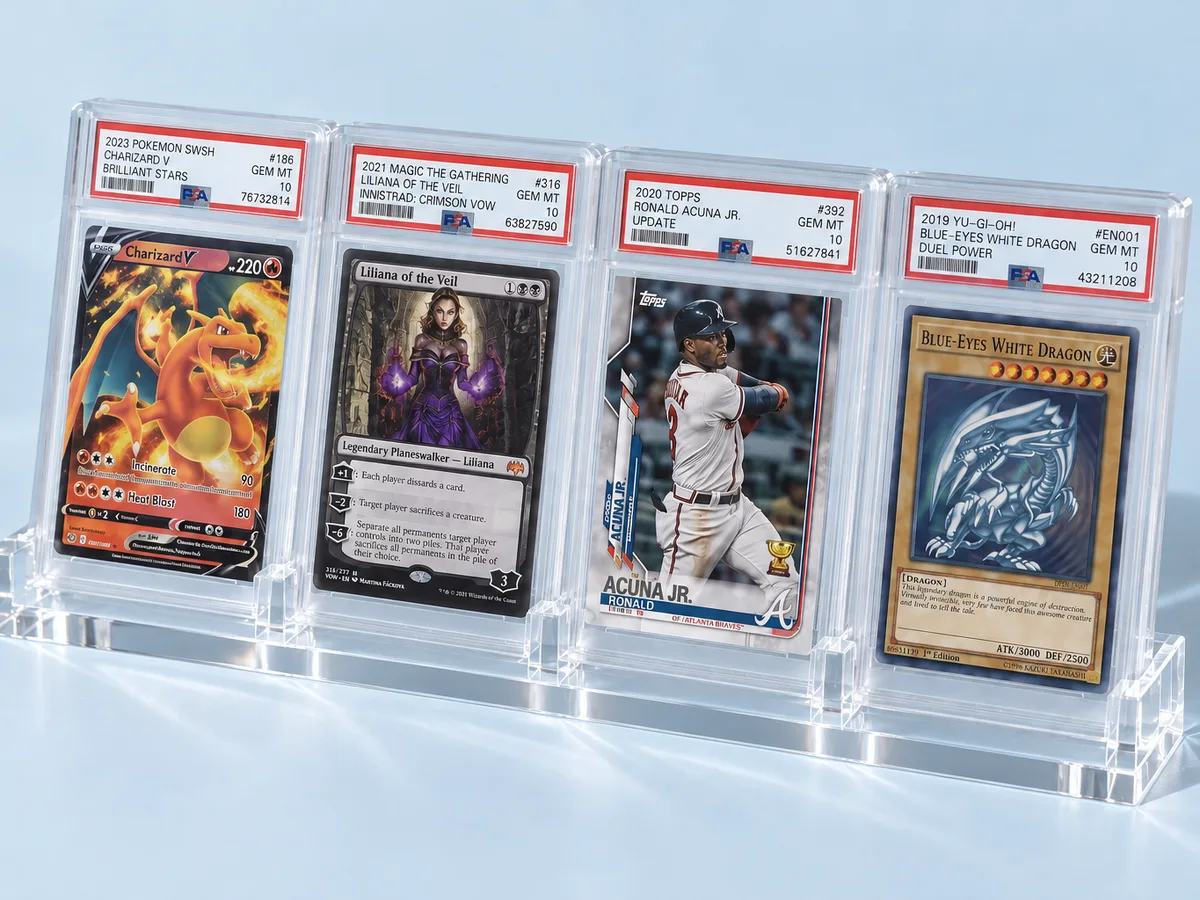 Four-slot acrylic block holding graded card slabs