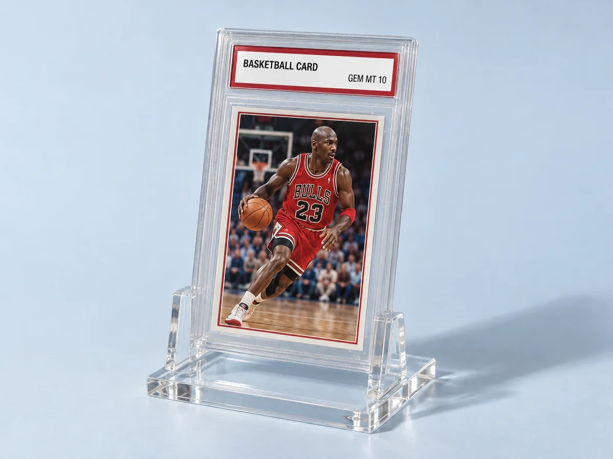 Single graded-card slab stand in clear acrylic