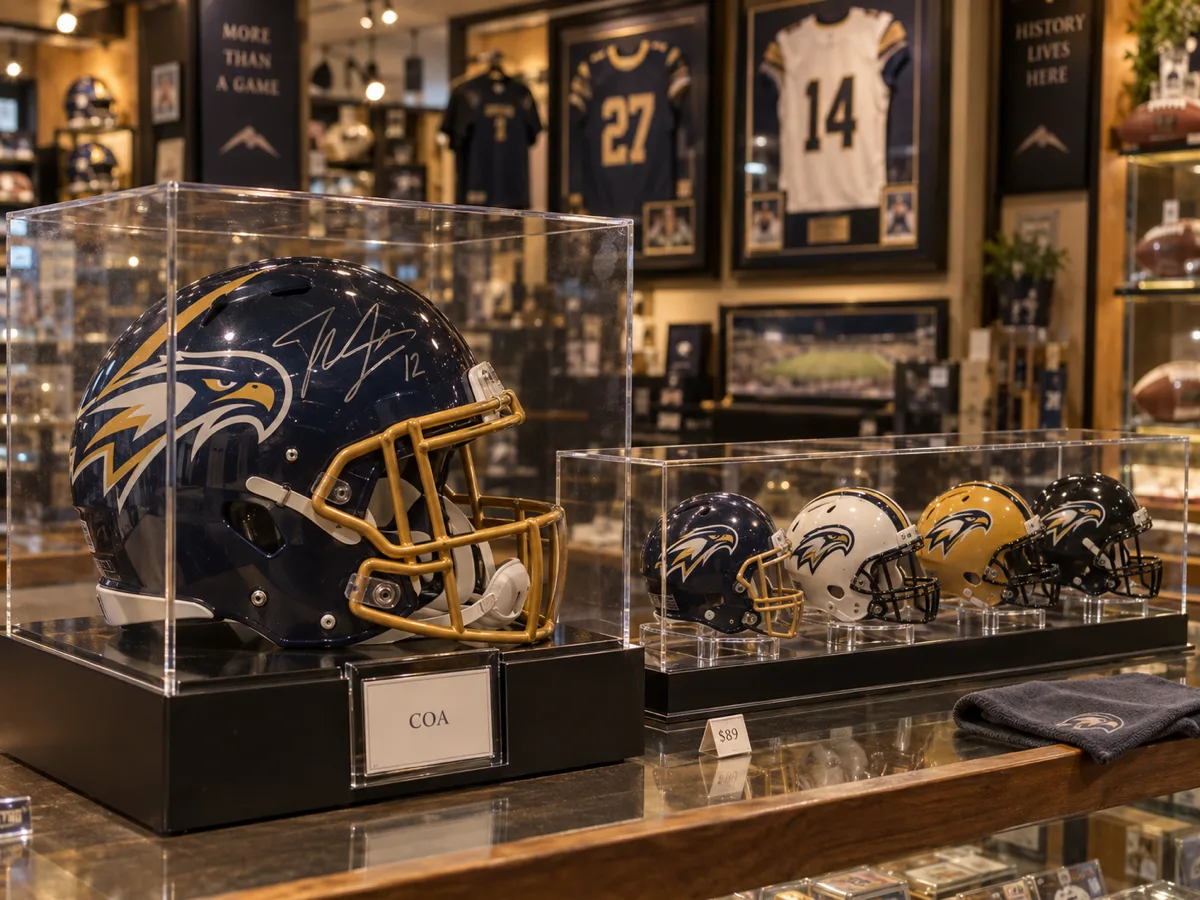 Signed full-size football helmet in a clear acrylic case with a COA pocket beside a four-helmet mini team-set case