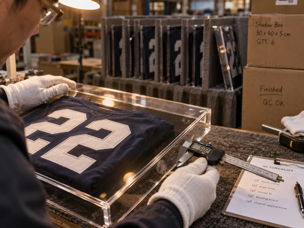 Inspector checking the corner seam of a finished jersey shadow box frame with a caliper