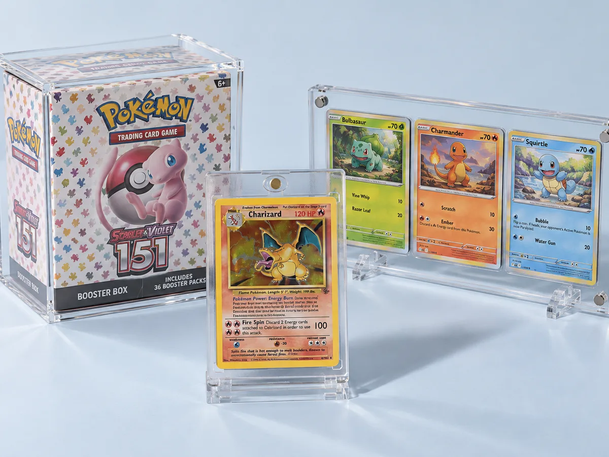 Card display cases in clear acrylic: a Pokemon booster box case, a single-card magnetic holder and a three-card frame