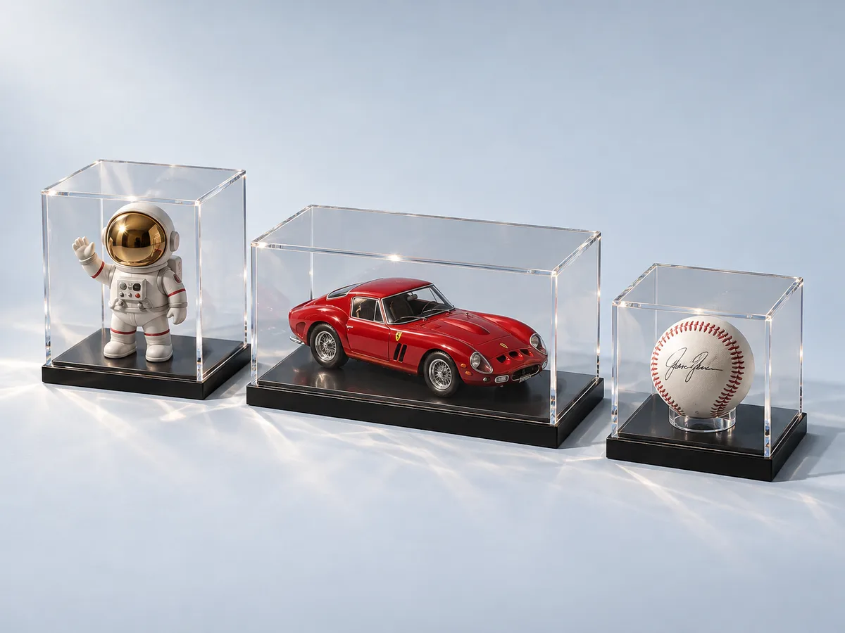 Collectible display cases in clear acrylic on black bases holding an astronaut figure, a red model car and a signed baseball
