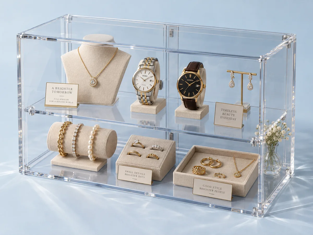 Countertop display case in clear acrylic with two shelves holding necklaces, watches, rings and earrings on linen displays