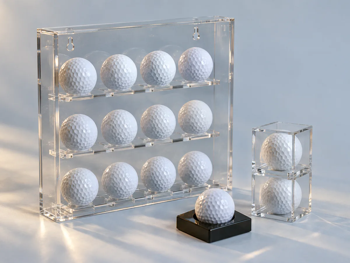 Custom acrylic golf ball display cases: a 12-ball tiered case, stacked single-ball cubes and a black base with a ball cup