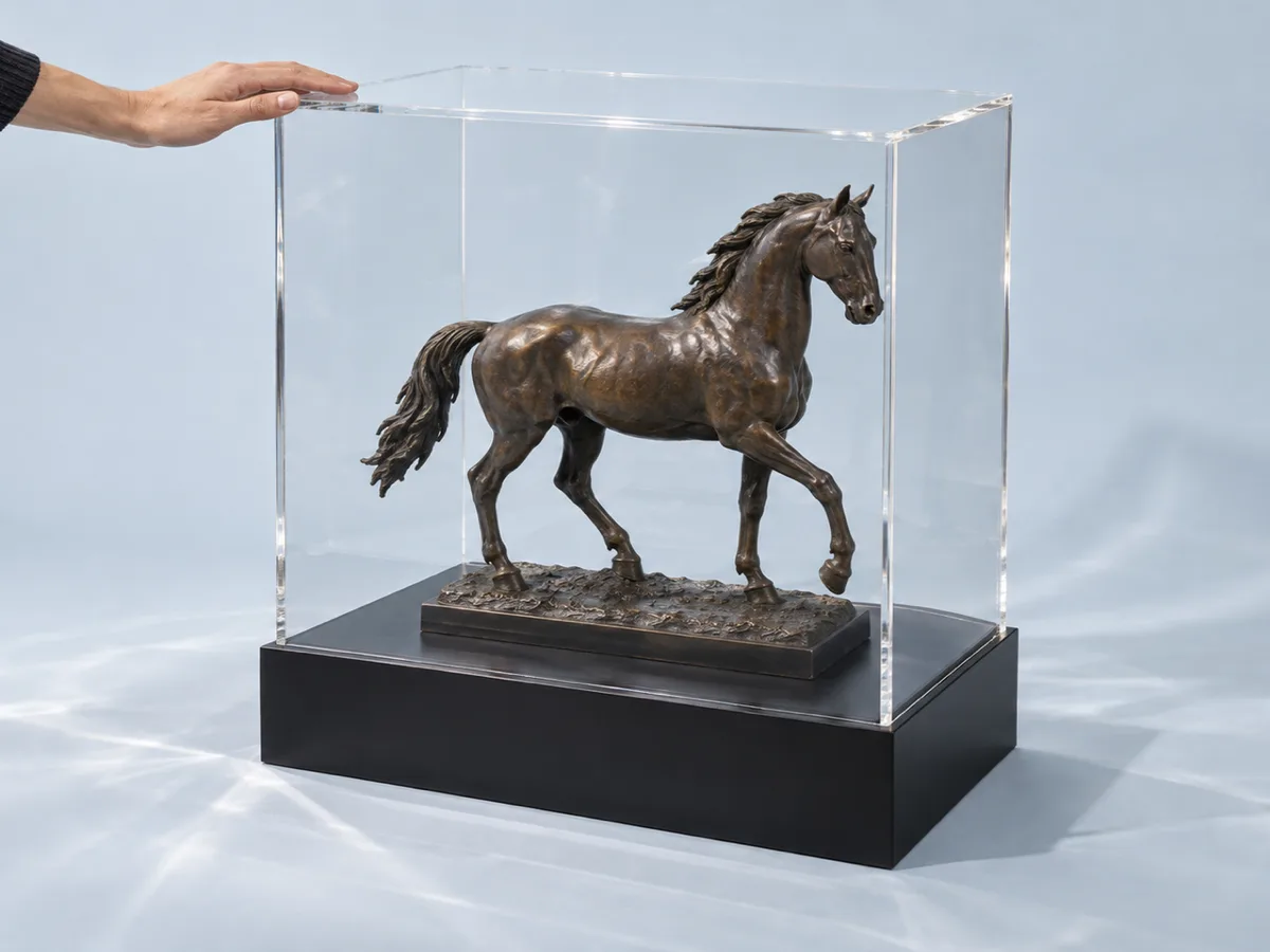 Large display case in clear acrylic on a black base covering a bronze horse sculpture, with a hand on top for scale