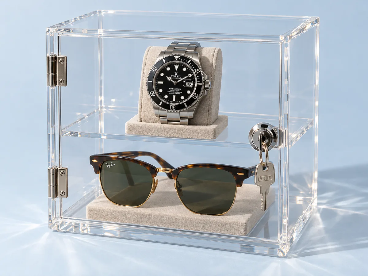 Lockable display case in clear acrylic with a hinged front door, cam lock and keys, holding a watch and sunglasses
