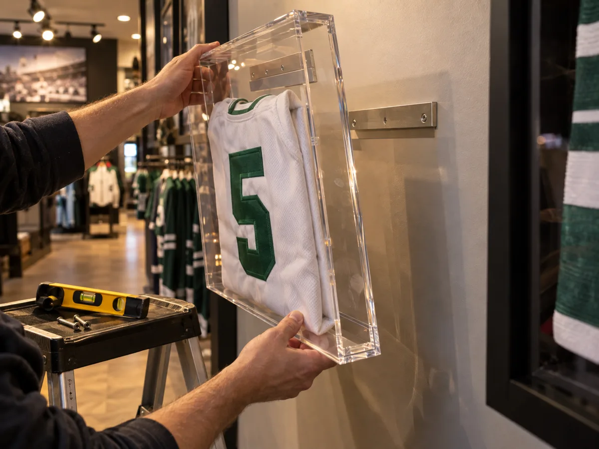 Installer hanging a clear acrylic jersey shadow box on a French cleat bracket