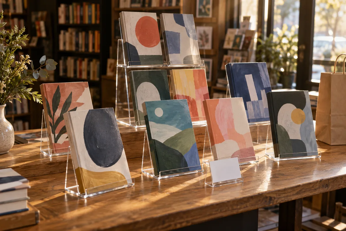 Bookstore front table merchandised with matching clear acrylic book easels and two tiered book stands holding books face-out