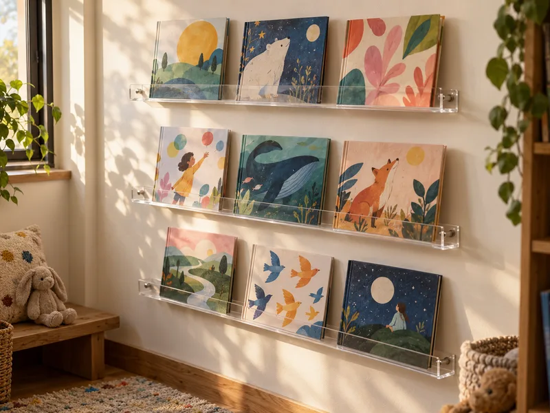 Staggered clear acrylic wall book ledges in a library reading corner holding picture books face-out