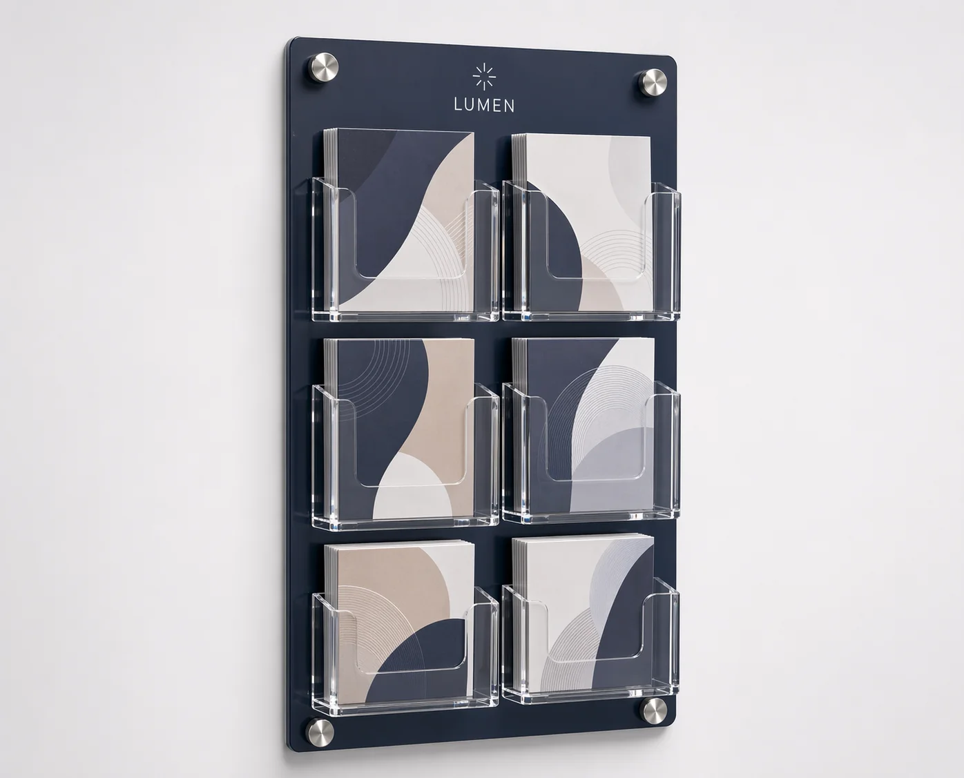 Wall-mounted multi-pocket acrylic brochure holder with a smoked back panel, clear pockets, and branded hotel-style header