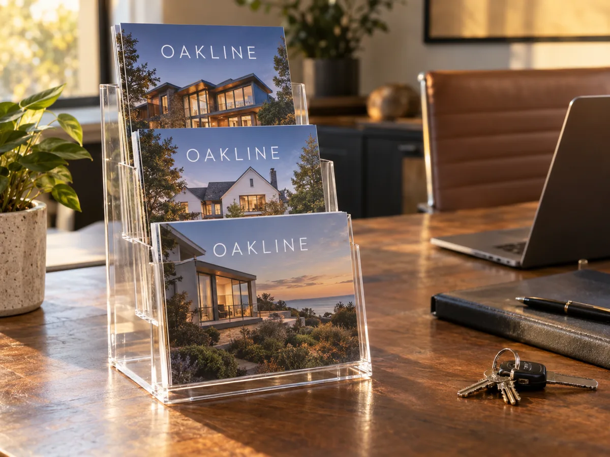 Countertop clear acrylic brochure holder with property brochures on a real estate counter