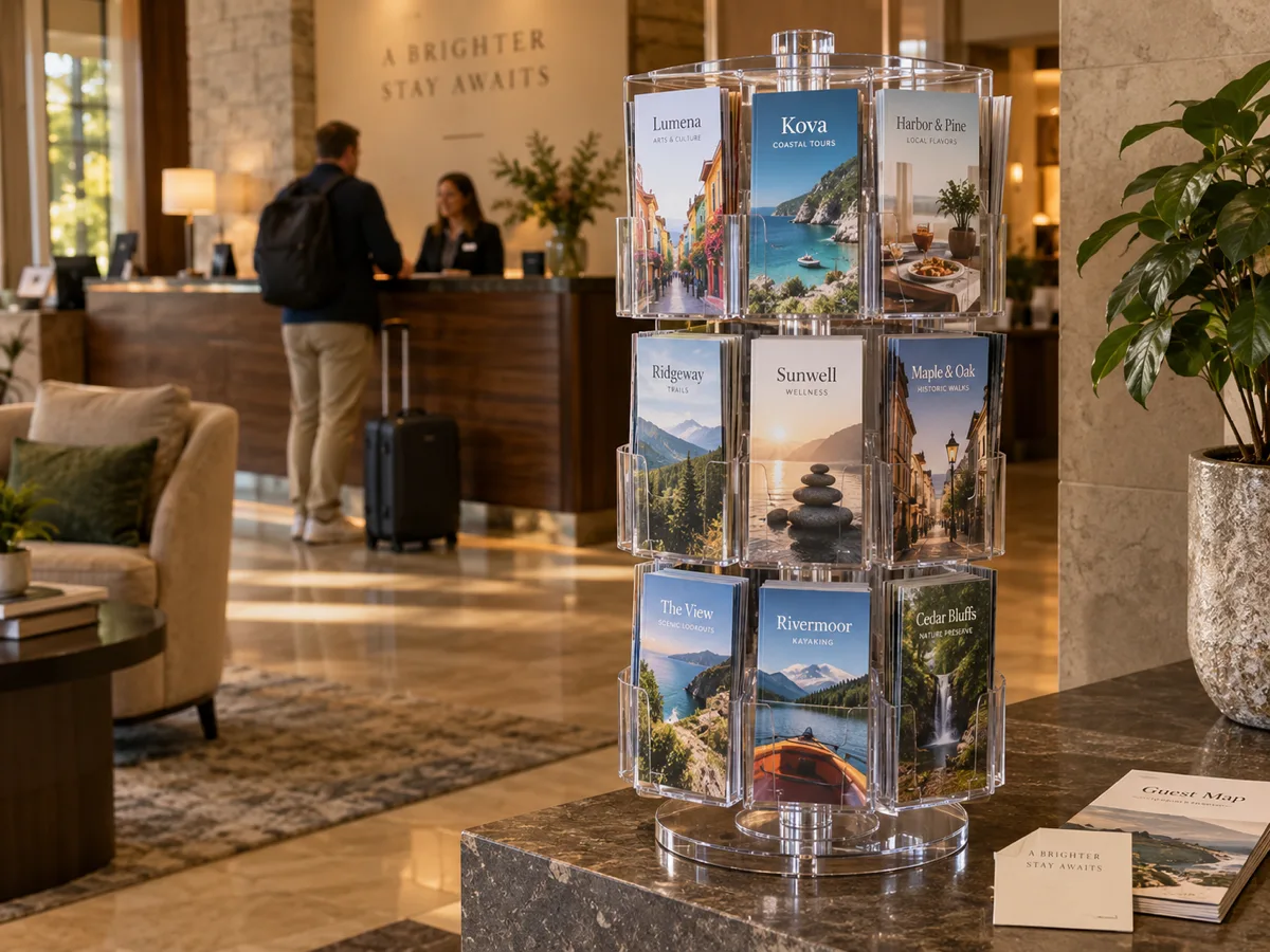 Rotating clear acrylic brochure carousel with leaflets in a hotel lobby