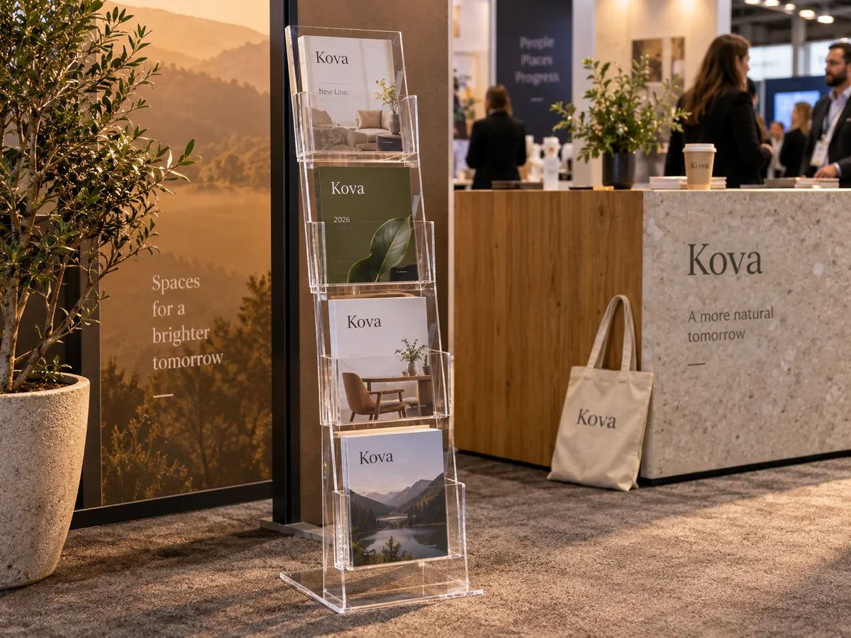 Floor-standing tiered clear acrylic brochure stand at a trade show booth