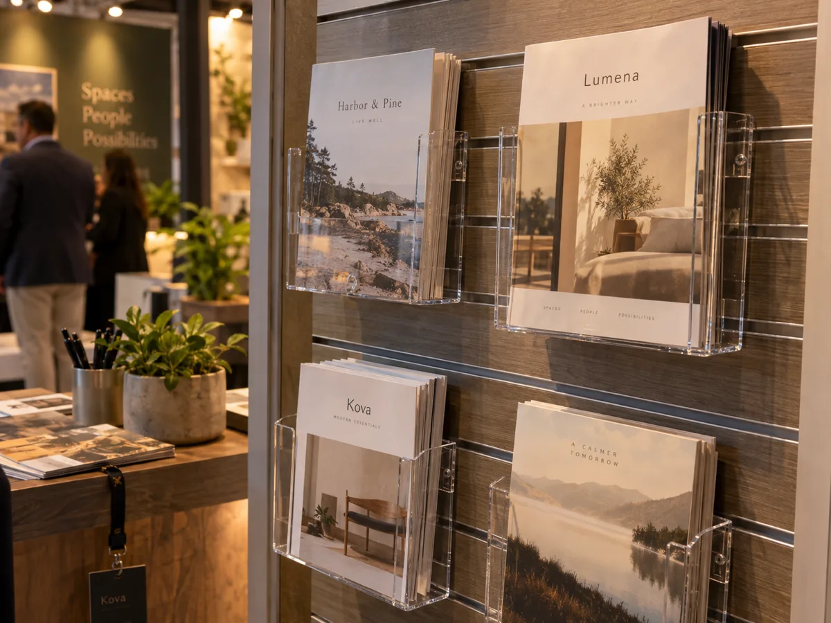 Clear acrylic brochure pockets mounted on a slatwall panel at a trade show booth