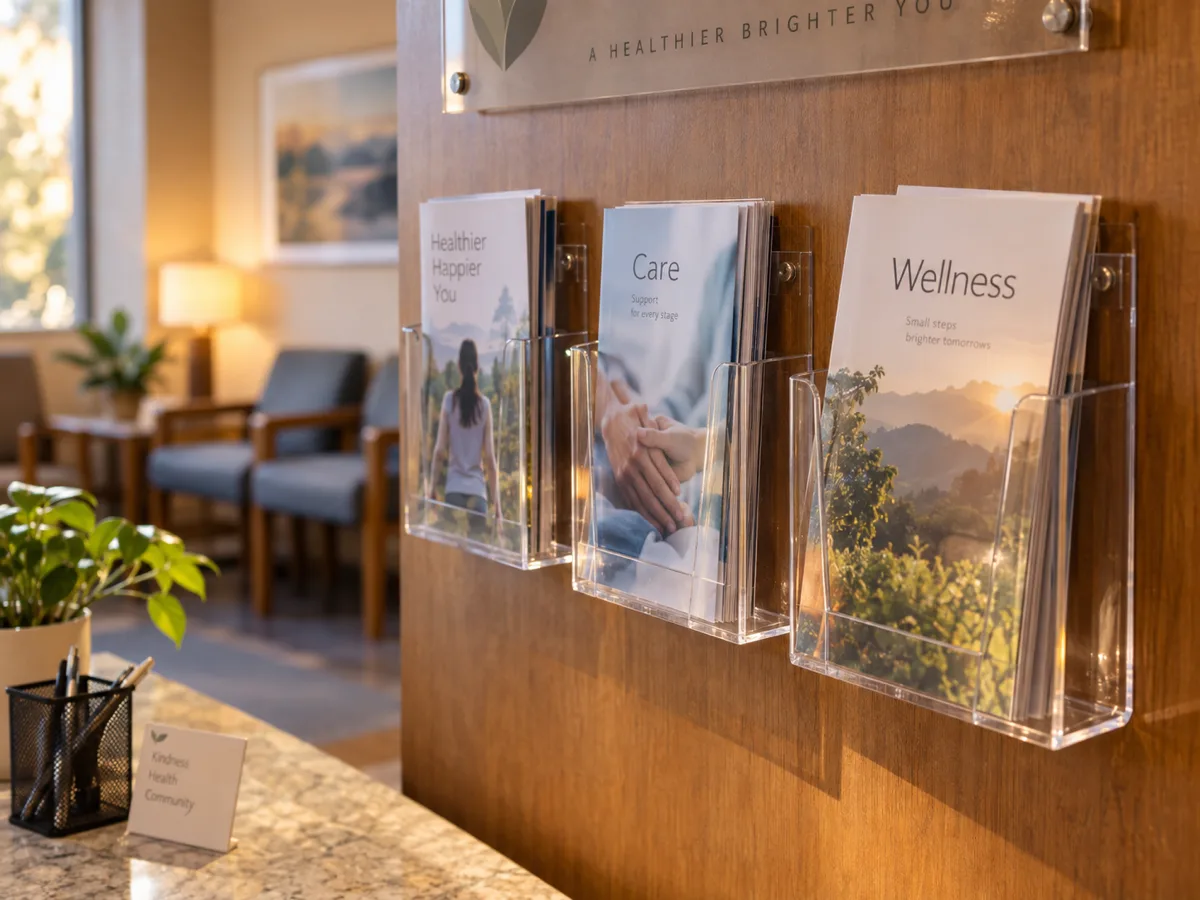 Wall-mounted clear acrylic brochure pockets with health leaflets in a clinic waiting room