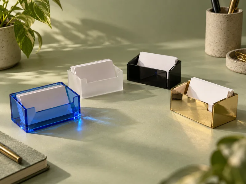 Business card holders in blue transparent, frosted, black and gold mirror acrylic