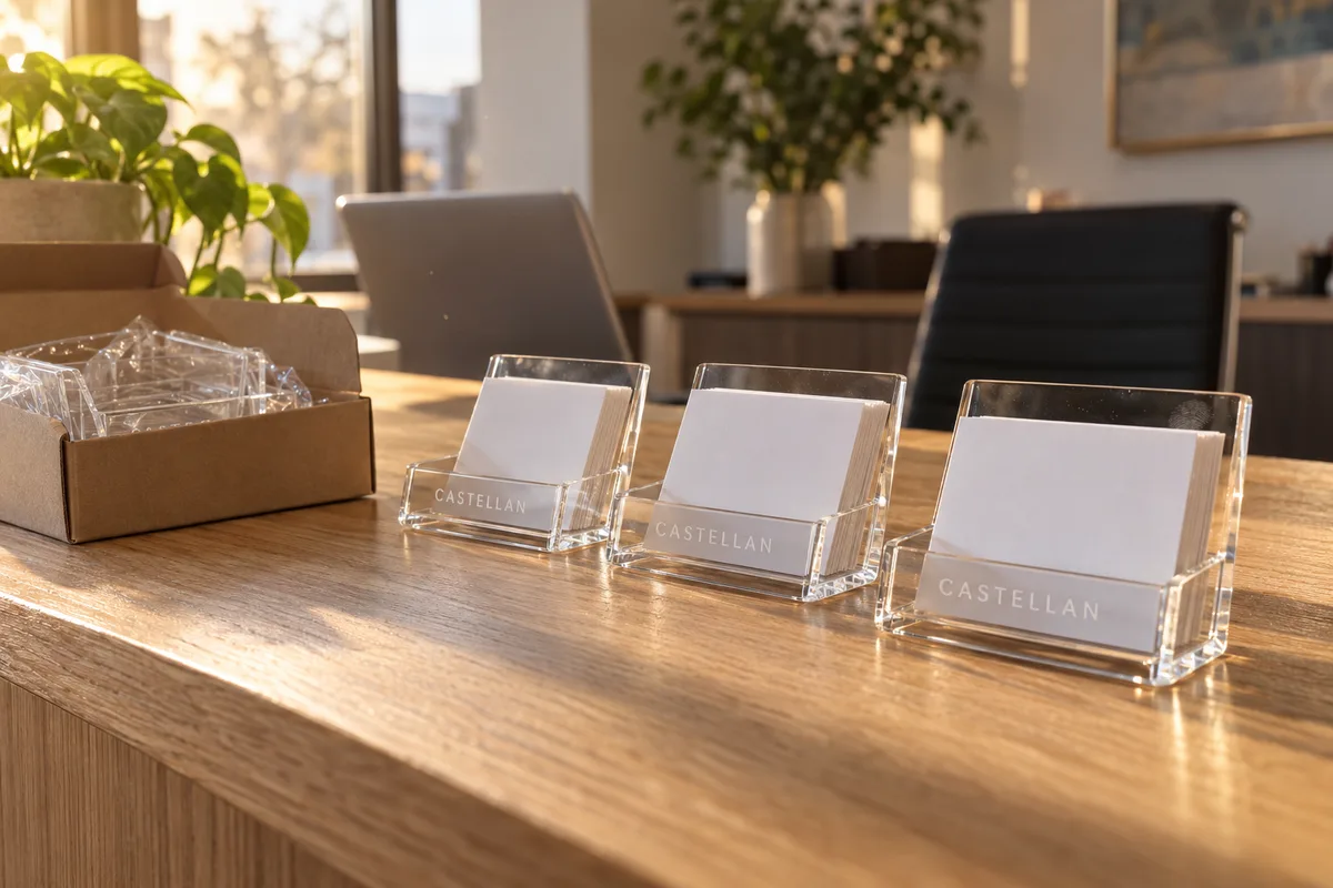 Three clear acrylic business card holders with an engraved logo on the front lip on an office reception desk
