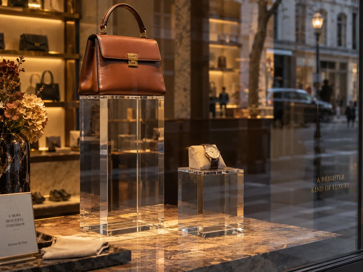 Clear acrylic pedestal columns in a boutique window holding a leather handbag and a watch