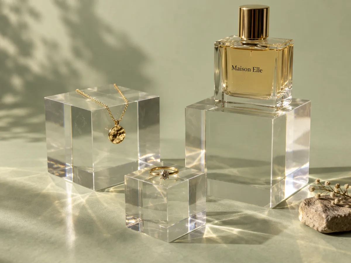 Three clear acrylic display cubes holding a necklace, a ring and a perfume bottle