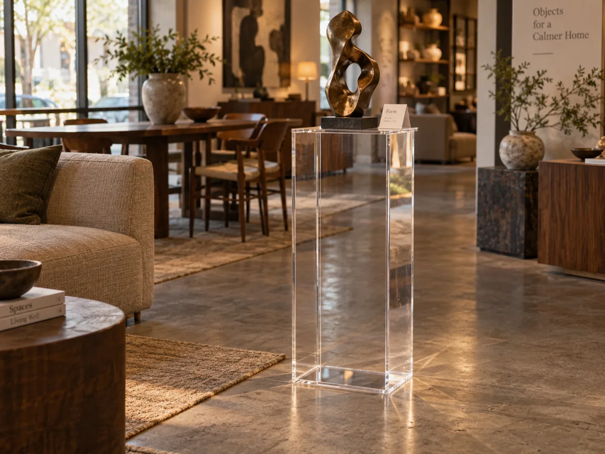 Floor-standing clear acrylic pedestal with a bronze sculpture in a furniture showroom