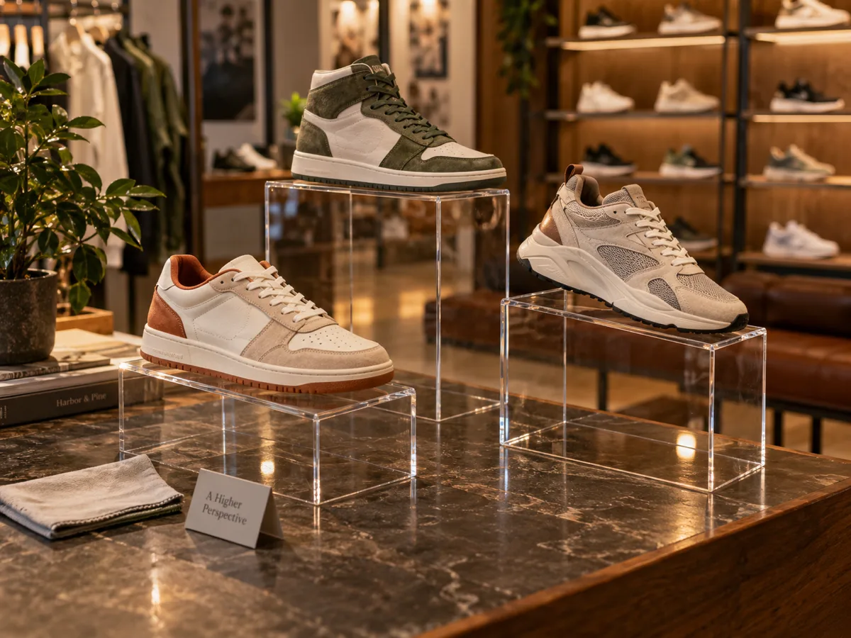 Three clear acrylic pedestals at different heights showing sneakers in a store