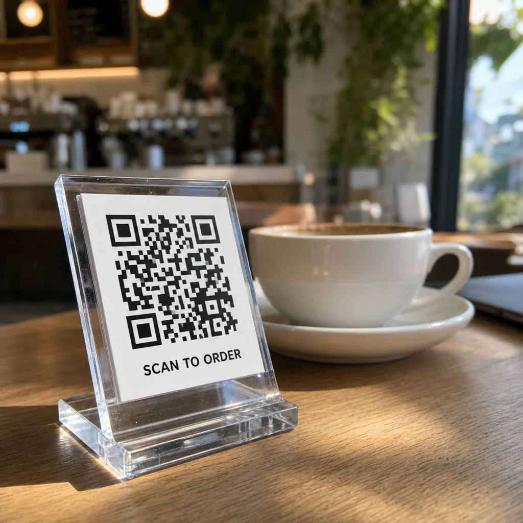 Compact acrylic QR code menu stand with a replaceable scan card on a café table beside a coffee cup