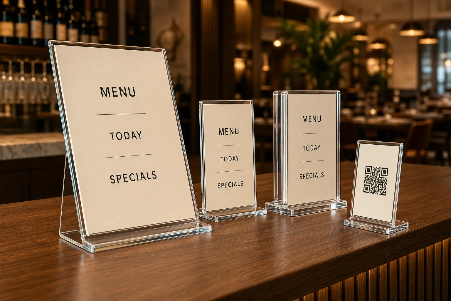 Four custom acrylic menu holder formats on a restaurant bar counter — an A4 and an A5 slant-back counter holder, a T-style table menu holder on a weighted base, and a compact QR code table stand