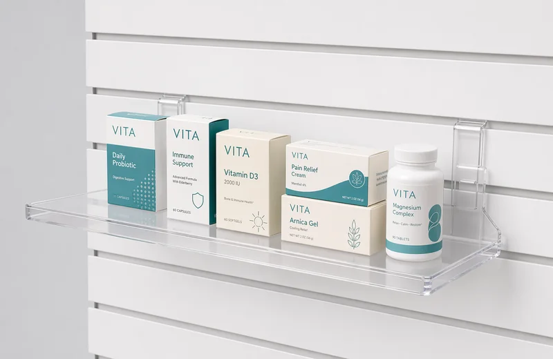 Clear acrylic slatwall shelf snapped into commercial slotted wall panel