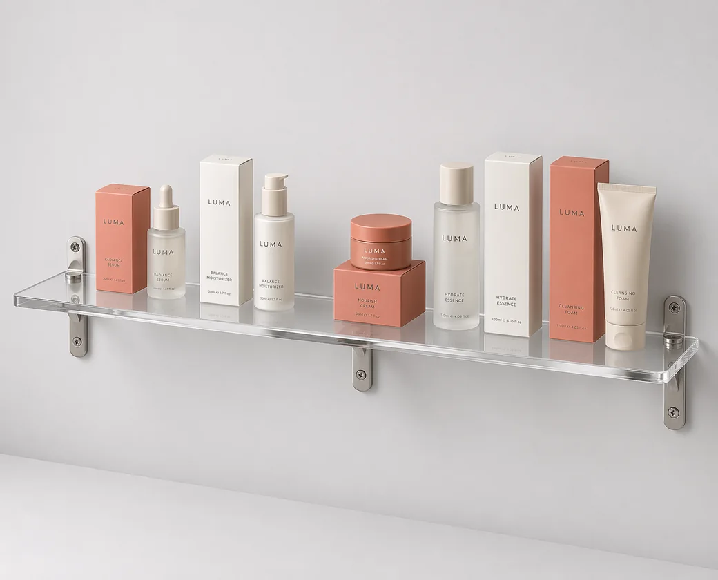 Clear acrylic wall shelf bracket-mounted with stainless hardware and branded skincare products