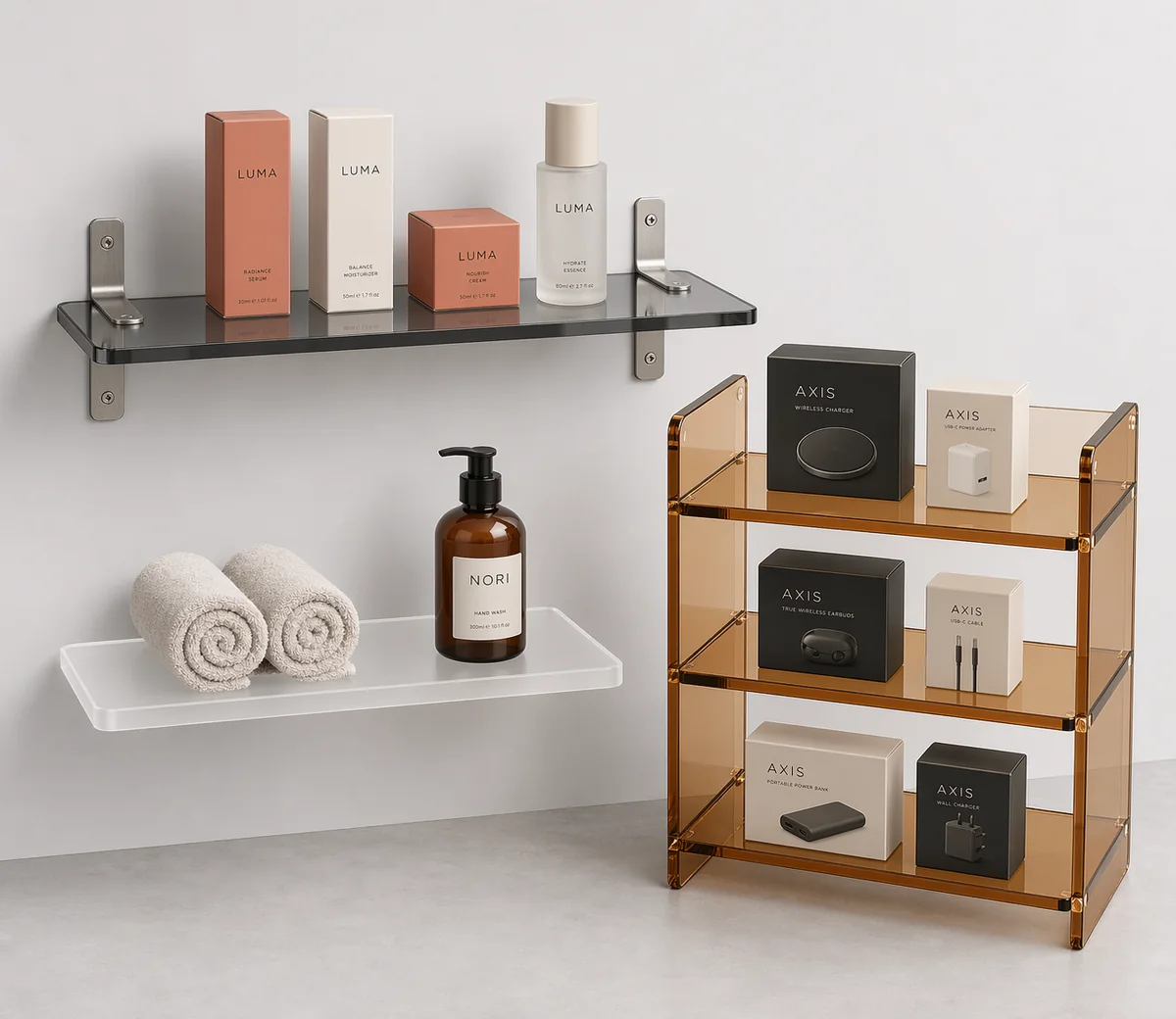 Collection of custom acrylic shelves — wall-mounted, floating, and freestanding configurations shown in smoke, frosted, and amber acrylic