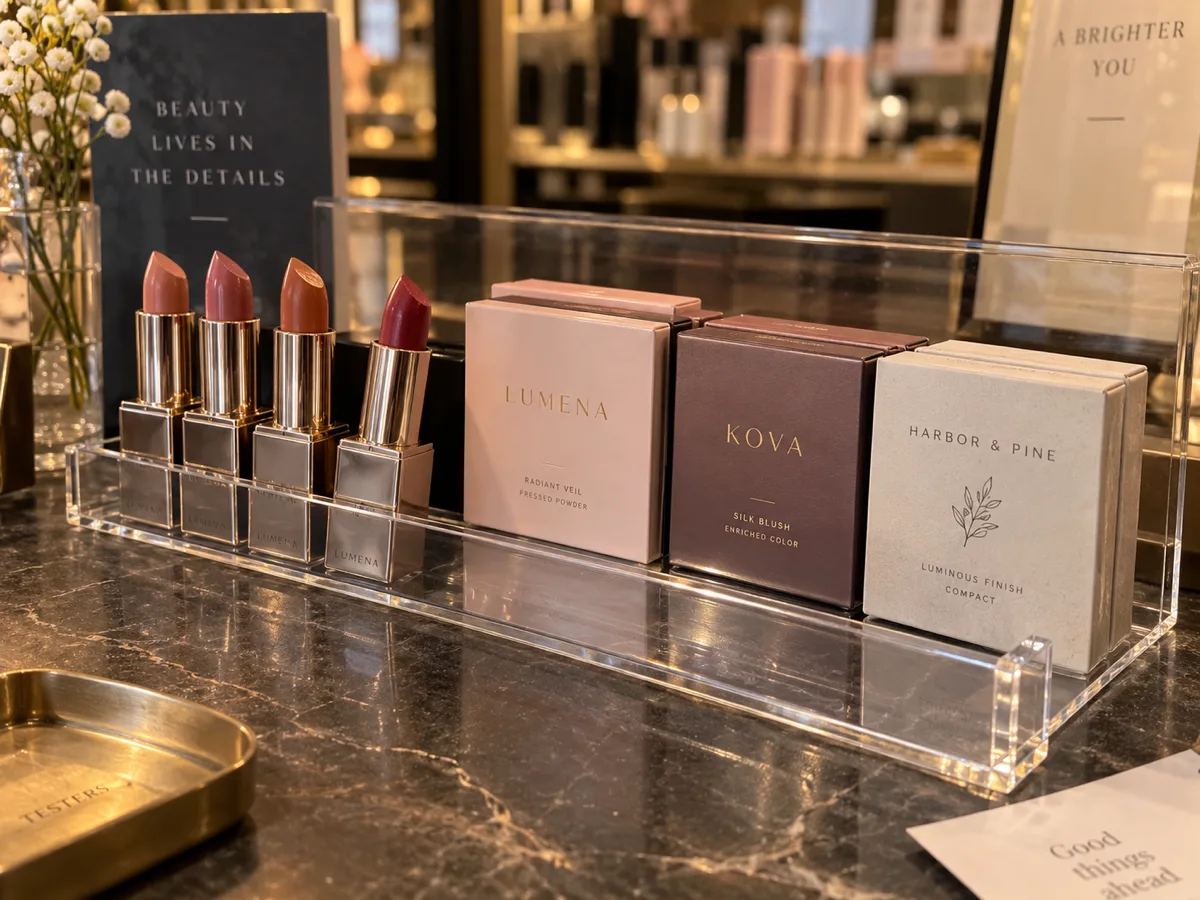 Clear acrylic counter display shelf holding lipsticks and compacts on a cosmetics counter