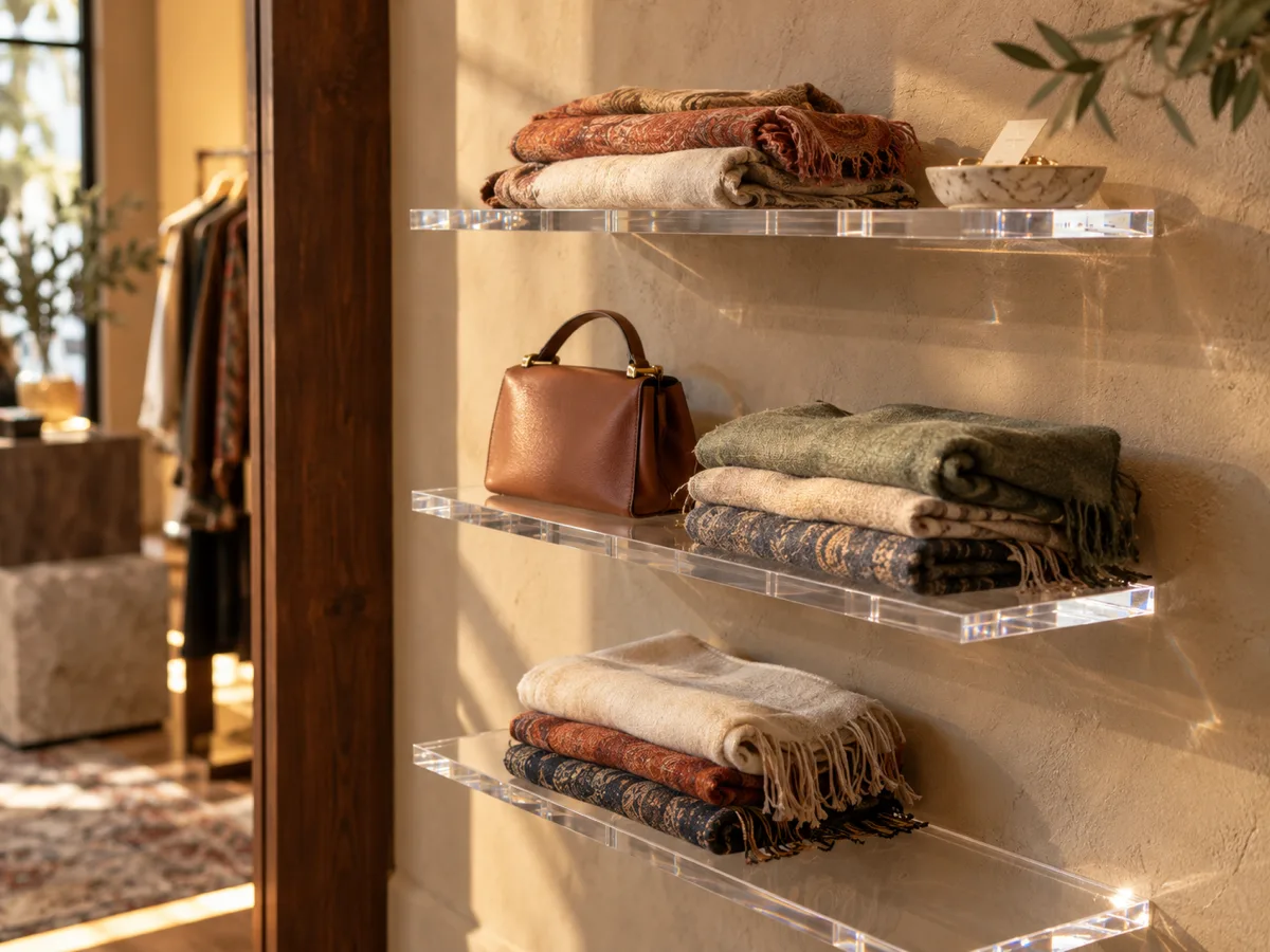 Floating clear acrylic shelves holding scarves and a handbag in a boutique