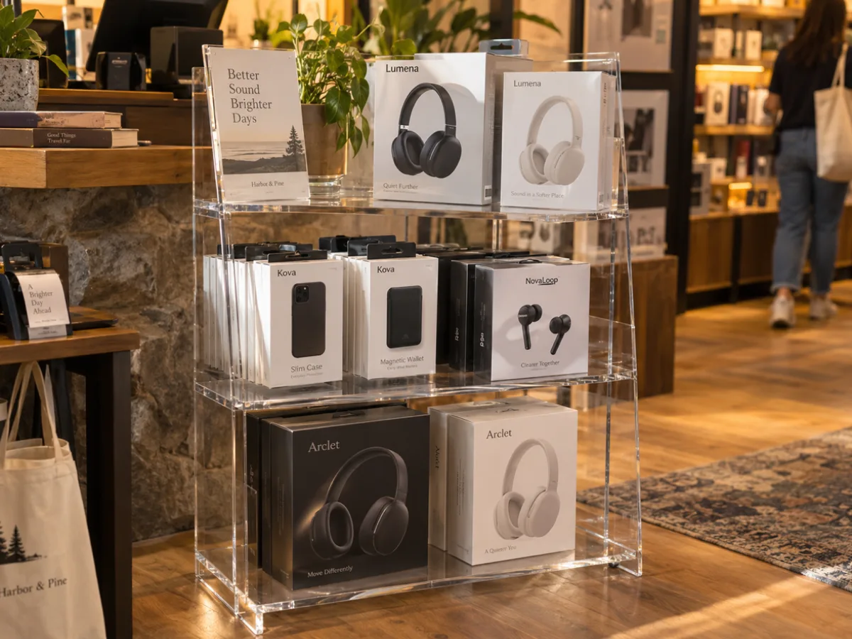 Freestanding clear acrylic shelf unit holding headphones and phone accessories