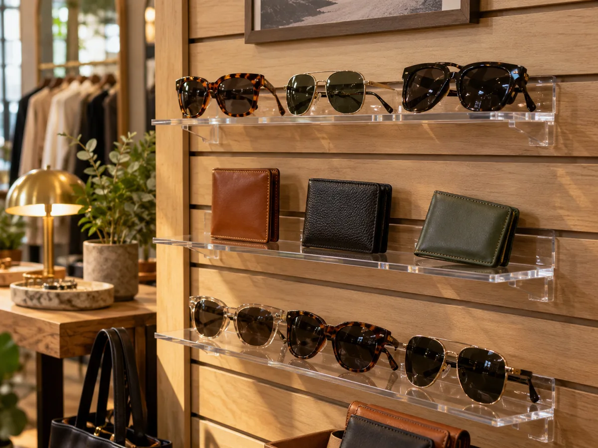 Clear acrylic shelves on a slatwall panel holding sunglasses and wallets