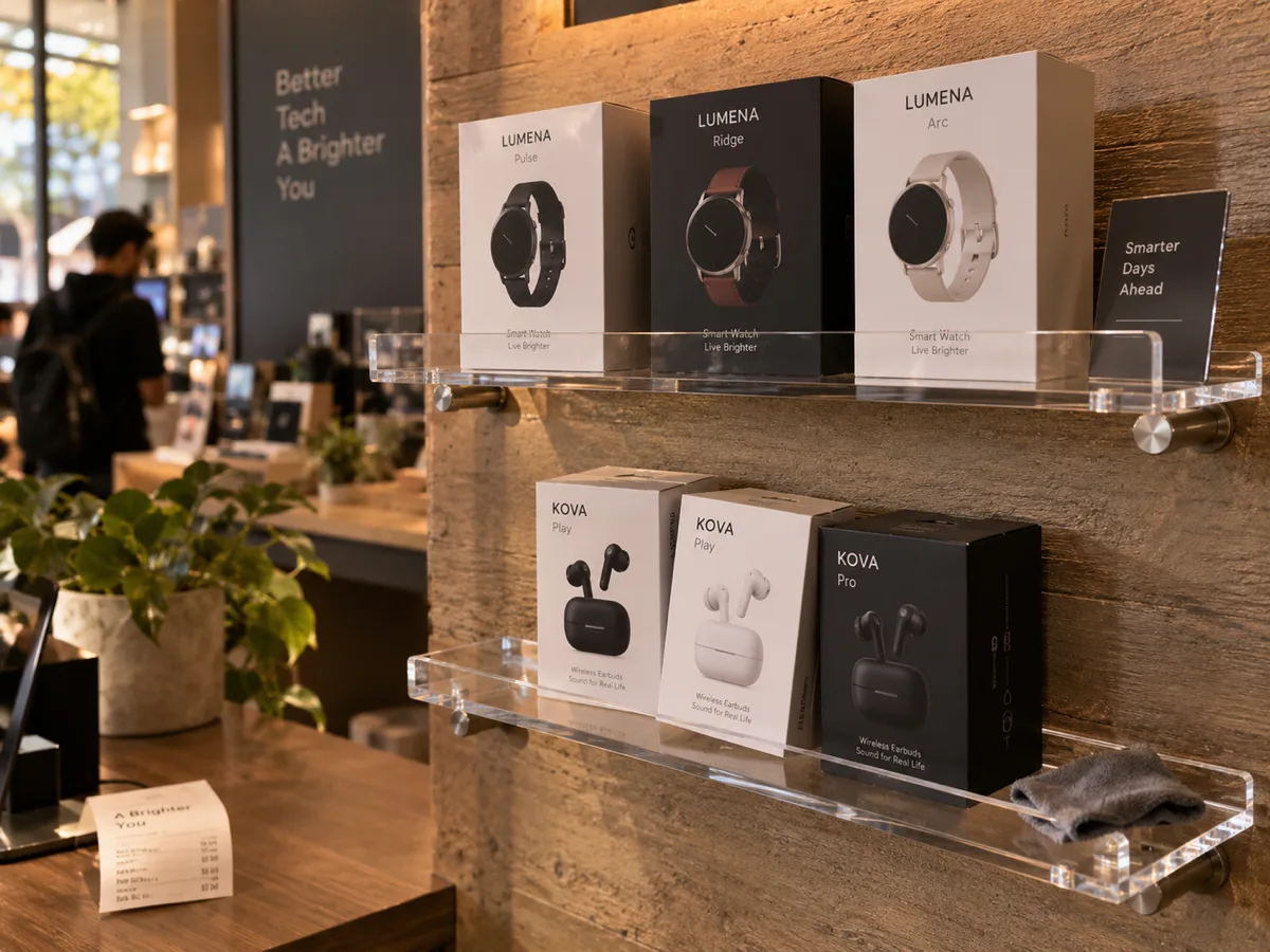 Wall-mounted clear acrylic shelves on steel standoffs holding electronics boxes
