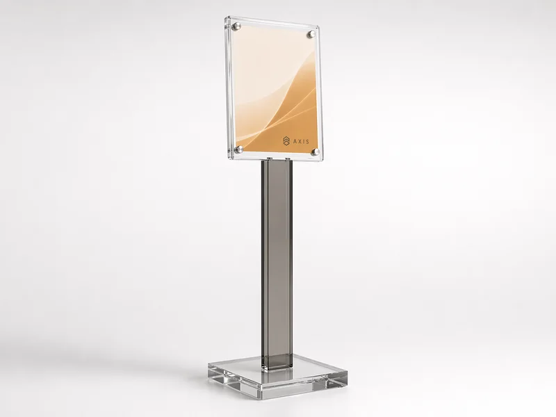 All-acrylic floor-standing sign holder with transparent post and weighted base