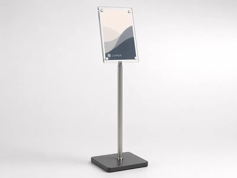 Metal pole floor-standing sign holder with acrylic sign panel on top