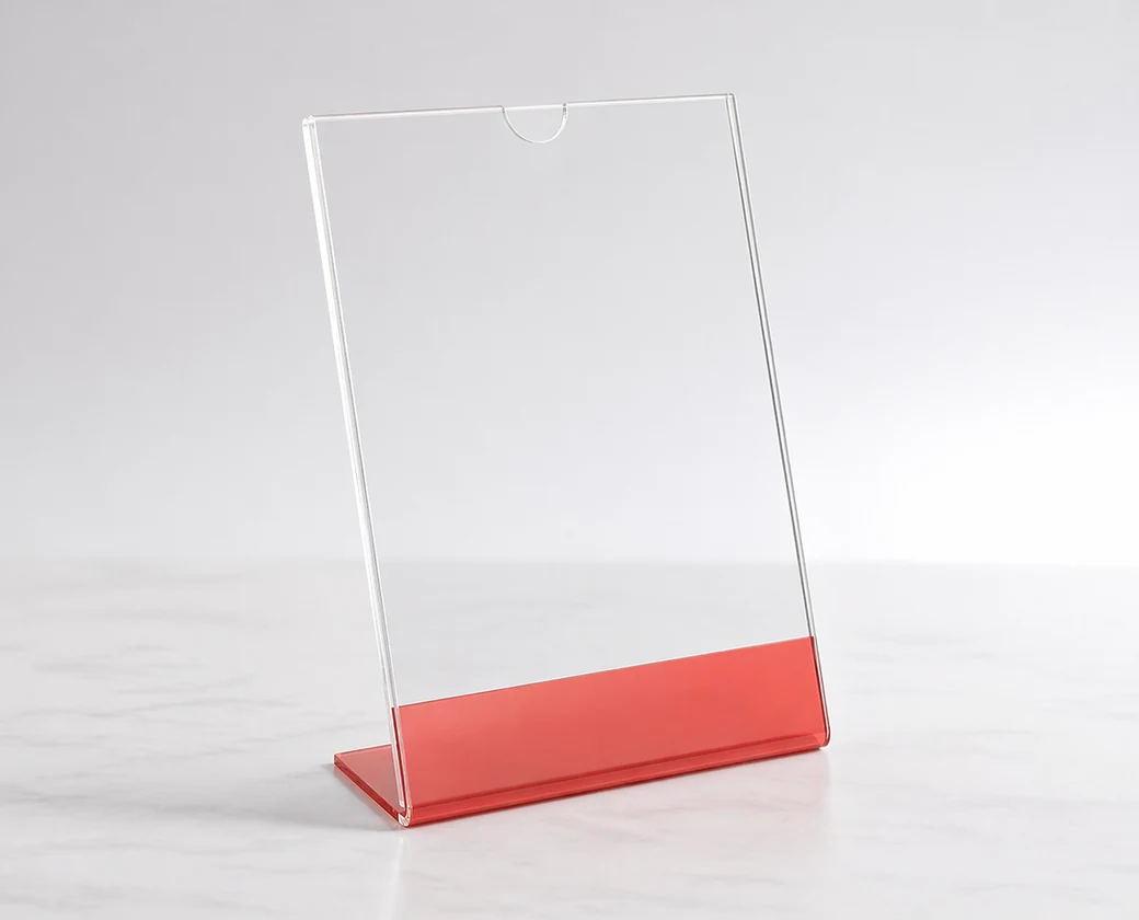 Custom acrylic slant-back sign holder with a clear front panel, thumb notch, and muted coral base on a light gray studio background
