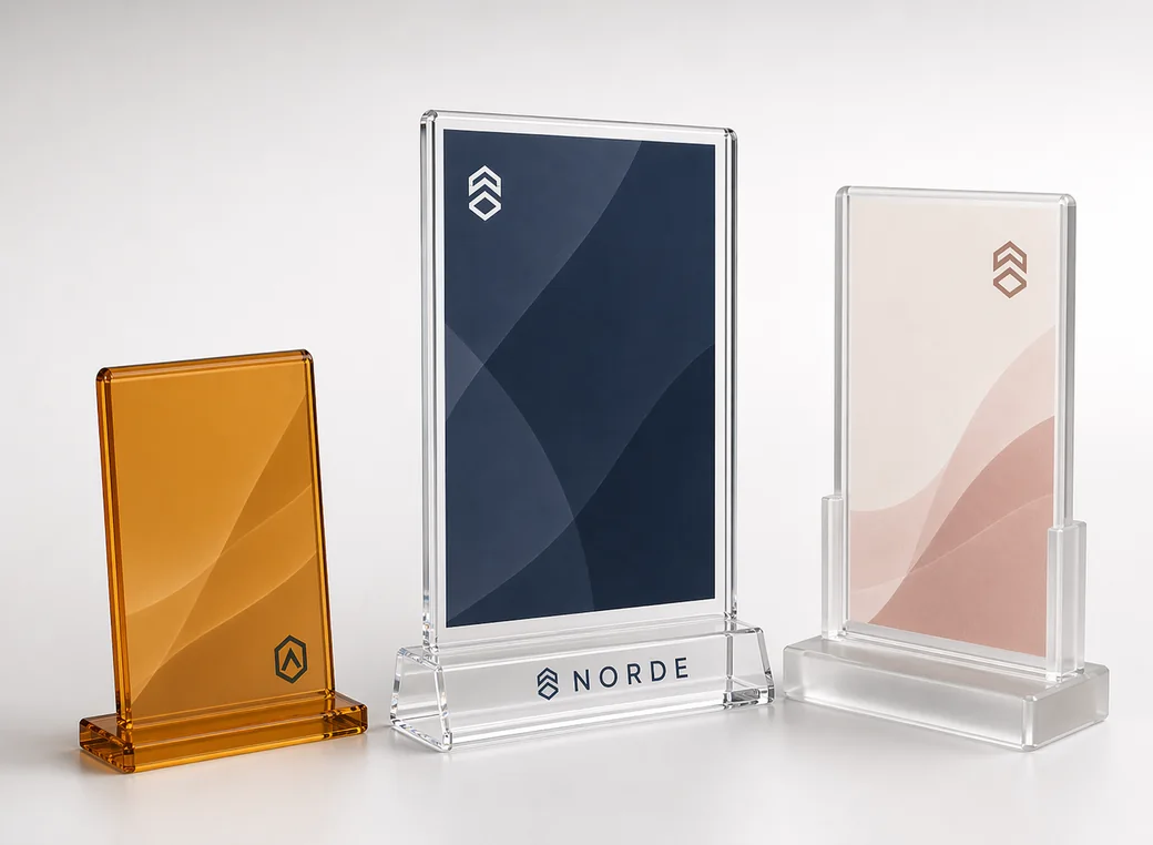 T-style acrylic sign holders and menu stands for restaurant tables and countertops