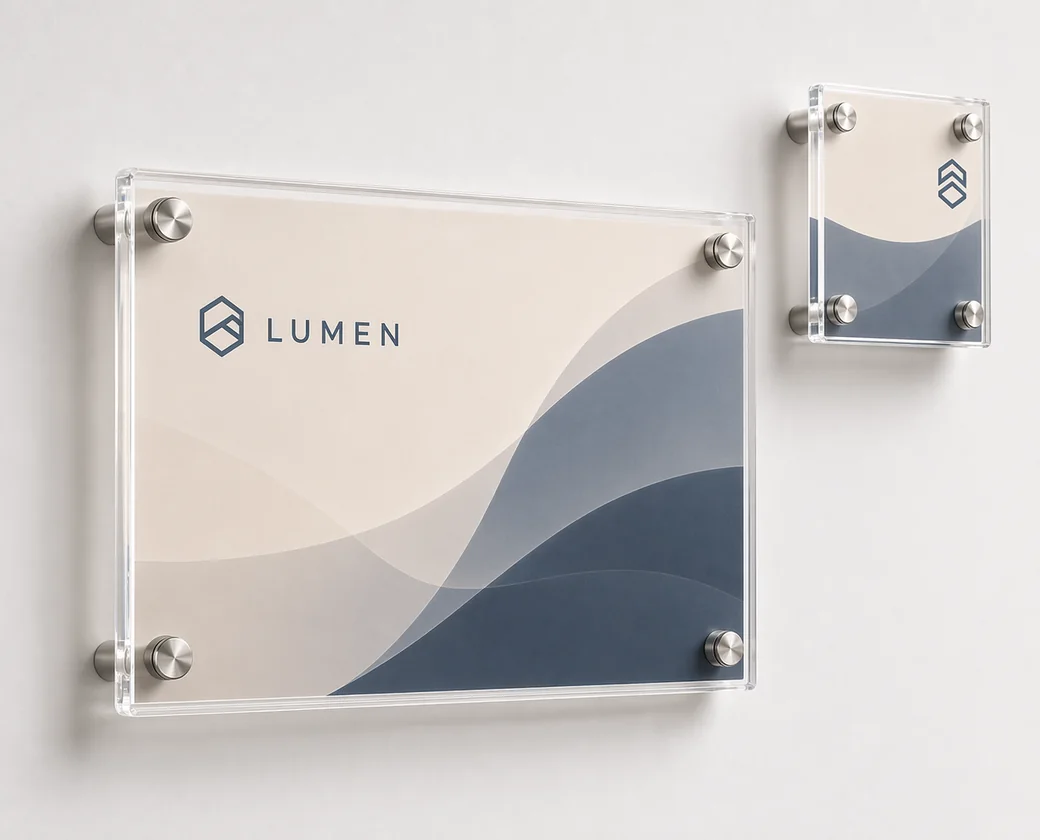 Wall-mounted acrylic room sign holder with standoff hardware and frosted-back panel construction