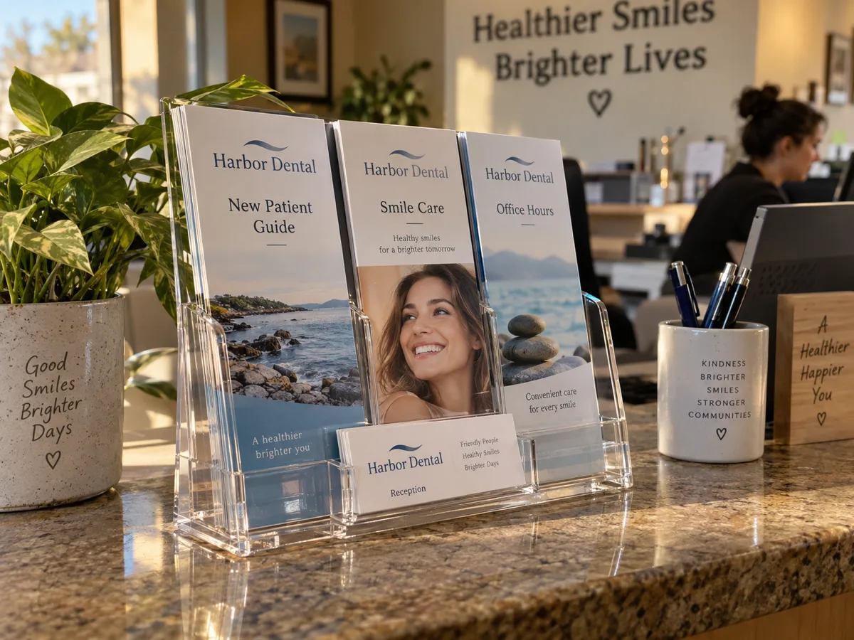 Clear acrylic countertop brochure holder with trifold clinic brochures on a reception desk