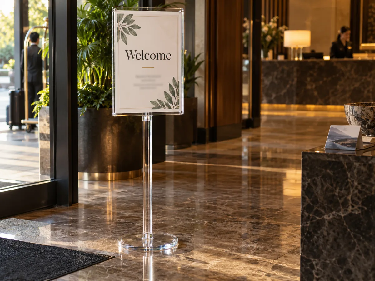 Clear acrylic floor-standing A3 sign holder with a welcome poster in a hotel lobby