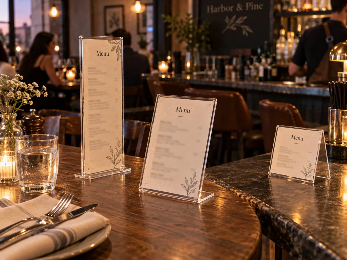 Acrylic DL menu holder, slant-back table card and table tent on a restaurant table