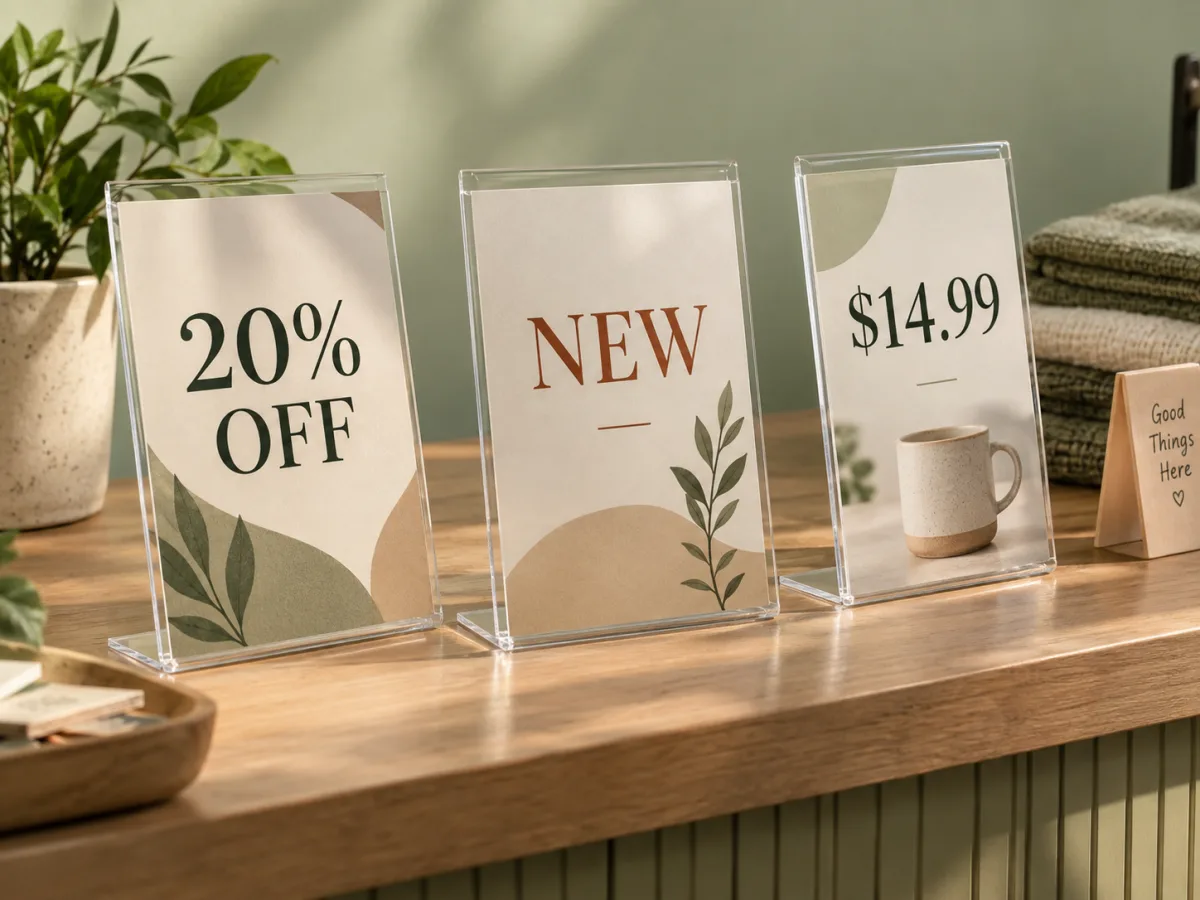 Three clear acrylic slant-back sign holders with price and promo cards on a retail counter
