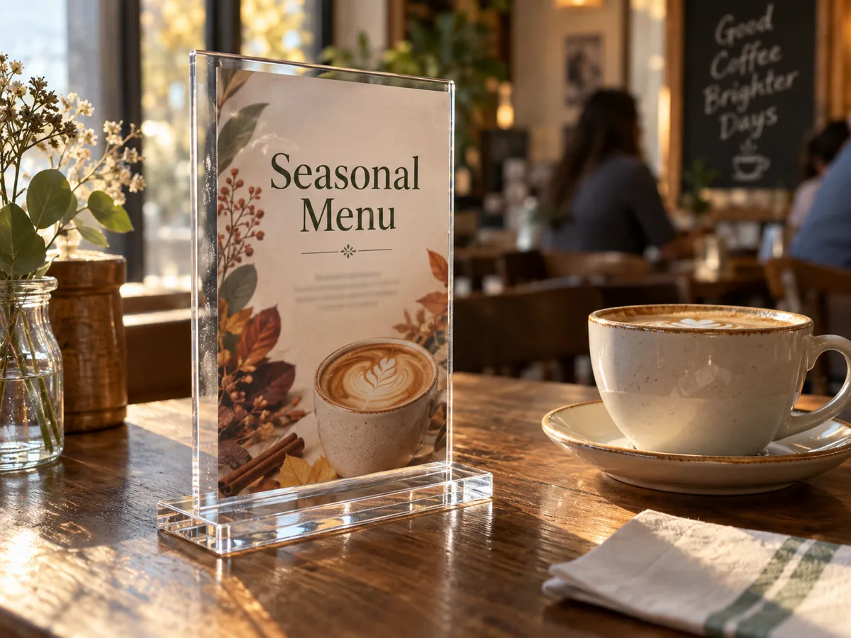 Clear acrylic T-style sign holder with a seasonal menu card on a cafe table